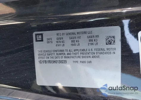 2017 Chevrolet Camaro 1Lt из США, поврежденный, VIN 1G1FB1RX9H0138229